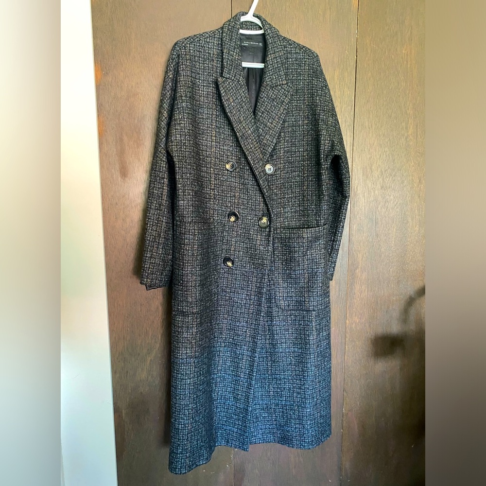 Zara Women Double-Breasted Oversized Gray Plaid Coat (M)